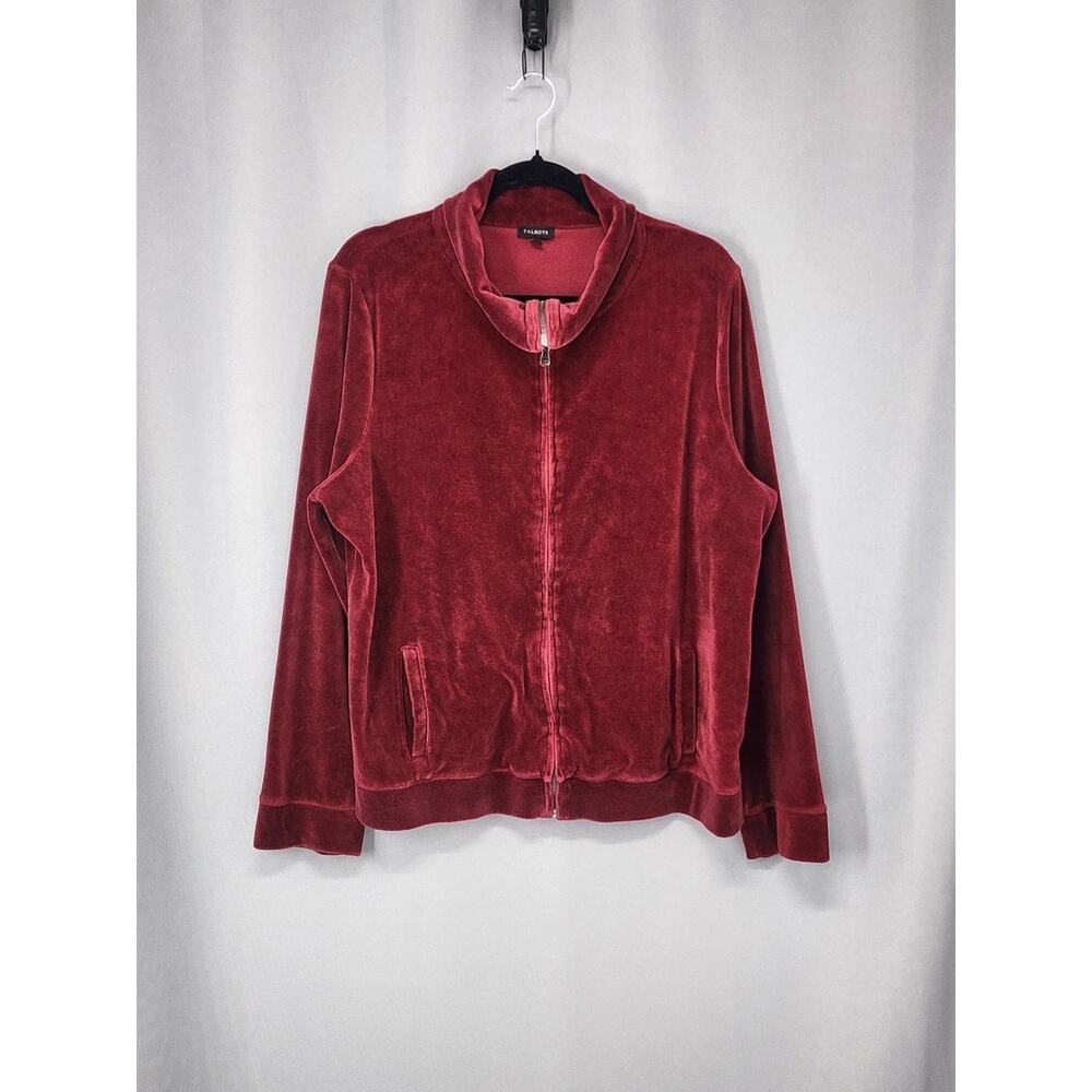 Talbots Jacket Womens XL Red Velour Full Zip Mock Neck Pockets Soft Lounge